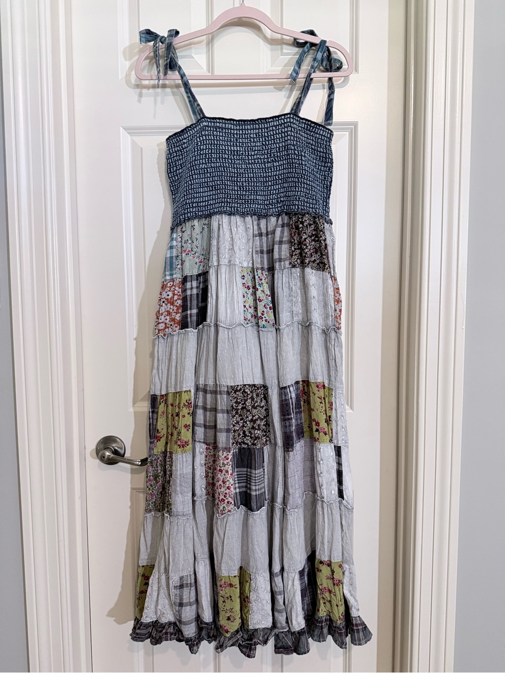 Young Threads Smocked Maxi Dress in Blue-Grey Patchwork